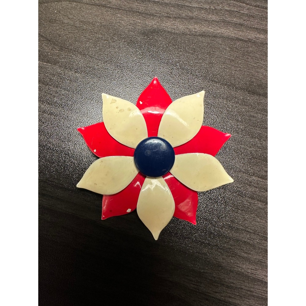 Vintage Red White Blue Flower Brooch Large Layered Enamel Patriotic Floral Pin